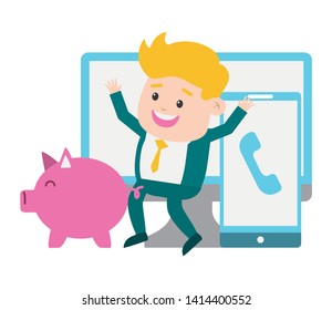 businessman mobile computer piggy bank online payment vector illustration
