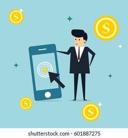 Businessman with mobile and One click money arrow cursor Business concept, vector illustrator