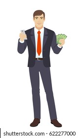 Businessman with mobile phone and cash money. Full length portrait of businessman in a flat style. Vector illustration.