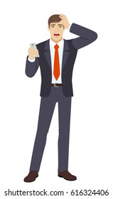 Businessman with mobile phone grabbed his head. Full length portrait of businessman in a flat style. Vector illustration.