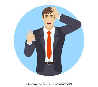 Businessman with mobile phone grabbed his head. Portrait of  character in a flat style. Vector illustration.