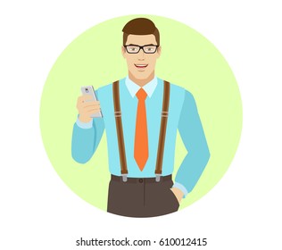 Businessman with mobile phone. A man wearing a tie and suspenders. Portrait of businessman in a flat style. Vector illustration.