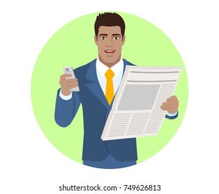 Businessman with mobile phone and newspaper. Portrait of Black Business Man in a flat style. Vector illustration.