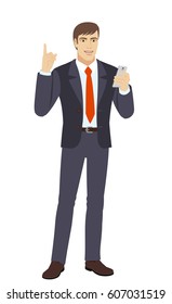 Businessman with mobile phone pointing up. Full length portrait of businessman in a flat style. Vector illustration.