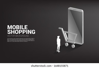 Businessman with mobile phone and shopping cart icon. concept of mobile shopping and e-commerce marketing.