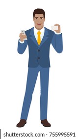 Businessman with mobile phone showing the business card. Full length portrait of Black Business Man in a flat style. Vector illustration.