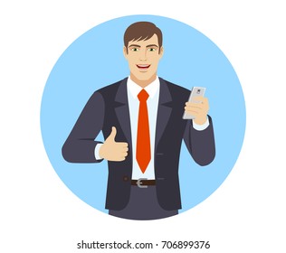 Businessman with mobile phone showing thumb up in a flat style. Vector illustration.