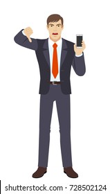 Businessman with mobile phone showing thumb down gesture as rejection symbol. Full length portrait of businessman character in a flat style. Vector illustration.