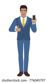 Businessman with mobile phone showing thumb up. Full length portrait of Black Business Man in a flat style. Vector illustration.