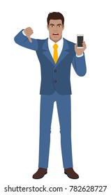 Businessman with mobile phone showing thumb down gesture as rejection symbol. Full length portrait of Black Business Man in a flat style. Vector illustration.
