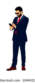 Businessman with mobile phone vector illustration isolated. Handsome man in suite tie with glasses. Standing pose. Relaxed man. Manager relaxing on pause. Elegant Yuppie appoints a meeting with girl.