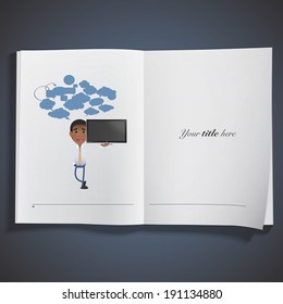 businessman with modern TV printed on book