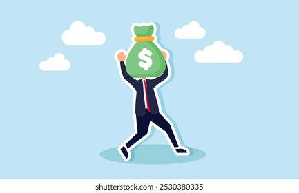 A businessman with a money bag head, illustration of business development based on strong financial fundamentals