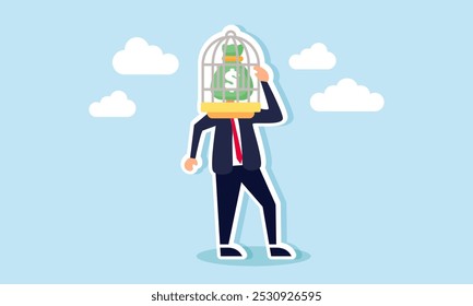 A businessman with a money bag head trapped in a cage, illustration of wrong investment strategies leading to the company's financial entrapment  