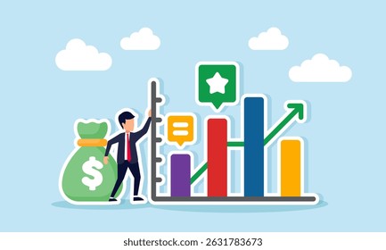 Businessman with a money bag standing next to a rising graph illustration of increasing business revenue profit and valuation based on the chart