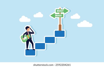 A businessman with a money bag stands on a staircase step, confused by a signpost that says INVEST, illustration of uncertainty in choosing the right investment model