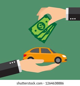 Businessman With Money Buying A Car. Vector Illustration