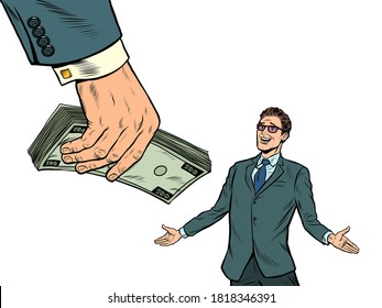 Businessman and money. Financial bonus. Lottery or winnings. pop art retro vector illustration kitsch vintage drawing 50s 60s style