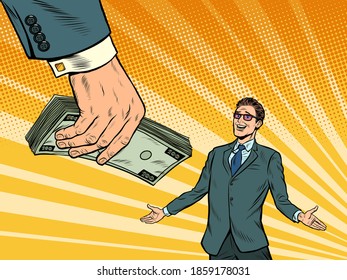 Businessman and money. Financial bonus. Lottery or winnings. pop art retro vector illustration kitsch vintage drawing 50s 60s style