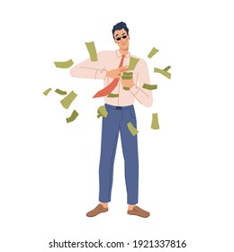 Businessman with money flat cartoon character. Vector rich person throwing dollar banknotes, happy rich millionaire throws cash. Guy with poor financial literacy squander money, splash out finance