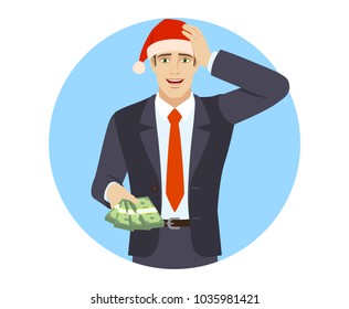 Businessman with money grabbed his head. Portrait of businessman in a flat style. Vector illustration.