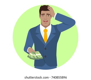 Businessman with money grabbed his head. Portrait of Black Business Man in a flat style. Vector illustration.