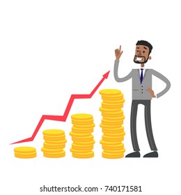 Businessman with money growth chart of golden coins and arrow.