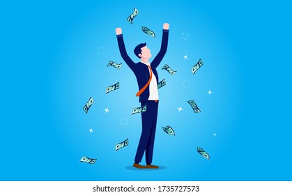 Businessman money - Happy man with raised arms cheering and money raining down. Financial success, salary increase and getting a raise concept. Vector illustration.