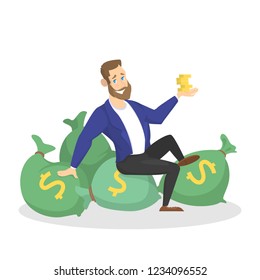 Businessman with money. Happy successfull man sitting around bag with money banknotes. Financial well-being. Isolated vector illustration in cartoon style