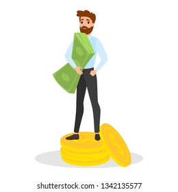 Businessman with money. Happy successfull man stand on a pile of money. Financial well-being. Isolated vector illustration in cartoon style