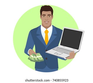 Businessman with money holding laptop notebook. Portrait of Black Business Man in a flat style. Vector illustration.