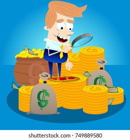 Businessman with money looking for investment opportunity. Vector cartoon character illustration. Rich Business concept.