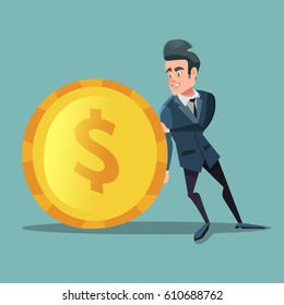 Businessman with Money. Man Pushes Big Golden Coin. Investment Concept. Vector illustration