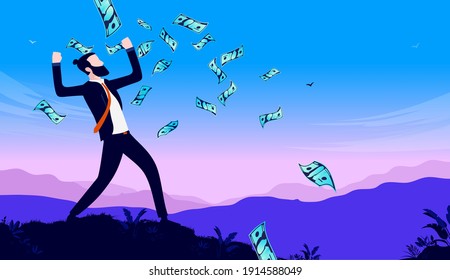 Businessman and money - Man standing outdoors with raised hands earning lots of cash. Rich and wealthy person concept. Vector illustration.