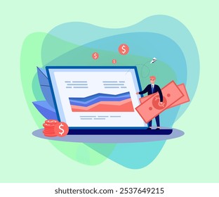 Empresário com dinheiro perto de notebook enorme com gráficos financeiros ilustração vetorial. Desenho de laptop com diagrama ou gráfico, gráficos, personwith money. Negócios, finanças, economia, conceito de investimento