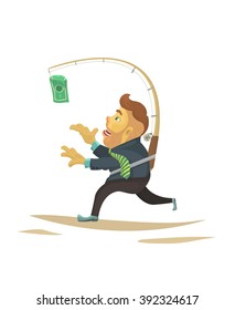 Businessman with money on fishing rod. vector. flat design