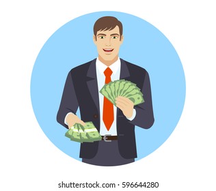 Businessman with money. Portrait of businessman in a flat style. Vector illustration.