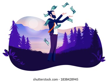 Businessman money profits - Man standing outdoors, throwing money after a profitable year. Raining money and success concept. Vector illustration.