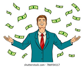 Businessman and money rain pop art retro vector illustration. Isolated image on white background. Comic book style imitation.