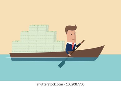 Businessman and money and ride in boat. Businessman rolls cash on boat. Vector illustration