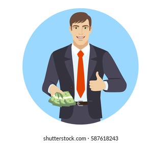 Businessman with money shows thumb up. Portrait of businessman in a flat style. Vector illustration.