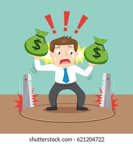 Businessman with money stand on hole cut by a saw, vector illustration cartoon