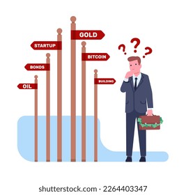 Businessman with money stands confused at signpost for alternative investment choices. Thoughtful investor. Man trader chooses way direction. Financial savings strategy