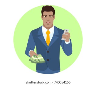 Businessman with money using mobile phone. Portrait of Black Business Man in a flat style. Vector illustration.
