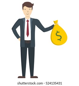 Businessman with moneybag standing on white background. Happy office worker in suit. Concept of wealth and success.