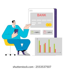 Businessman monitoring financial growth concept. Professional in office setting tracking bank account gains and losses on digital screen. Vector illustration.