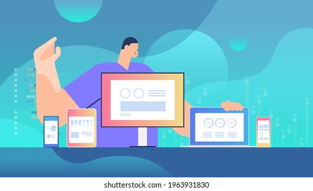 businessman monitoring information on different devices adaptive responsive web design application development