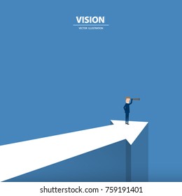 A businessman with monocular looking forward on the progressive arrow. Business concept of leadership, vision, mission or ambitions. Vector illustration.