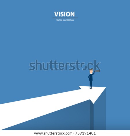 A businessman with monocular looking forward on the progressive arrow. Business concept of leadership, vision, mission or ambitions. Vector illustration.
