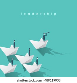 Businessman With Monocular On Paper Boat As A Symbol Of Business Leadership. Visionary Leading Team, Teamwork Concept. Eps10 Vector Illustration.